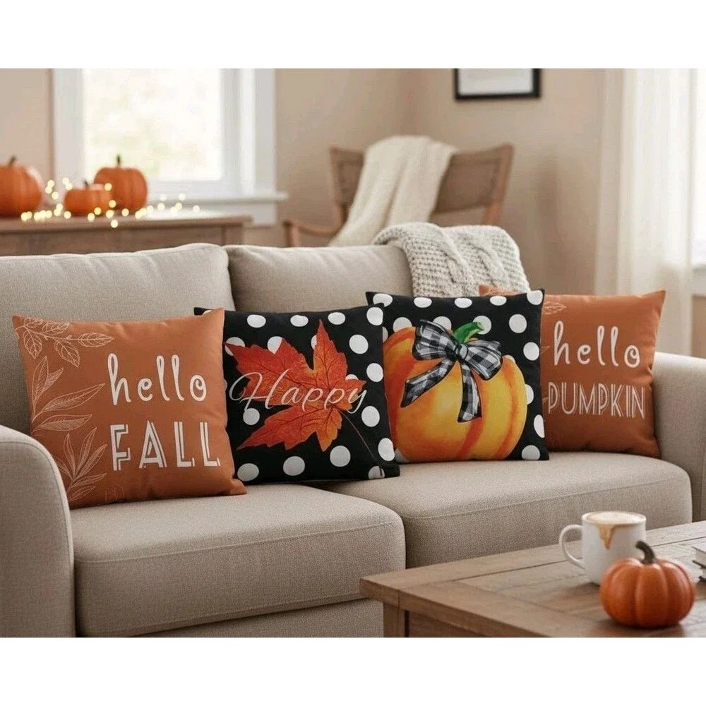 Fall Decorative Throw Pillow Covers 18 x 18 Inch Set of 4, Hello Pumpkin